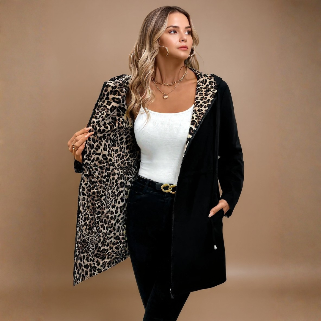 VICTORIA | Kabát s kapucí z dvojitého materiálu s leopardím vzorem
