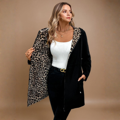 VICTORIA | Kabát s kapucí z dvojitého materiálu s leopardím vzorem