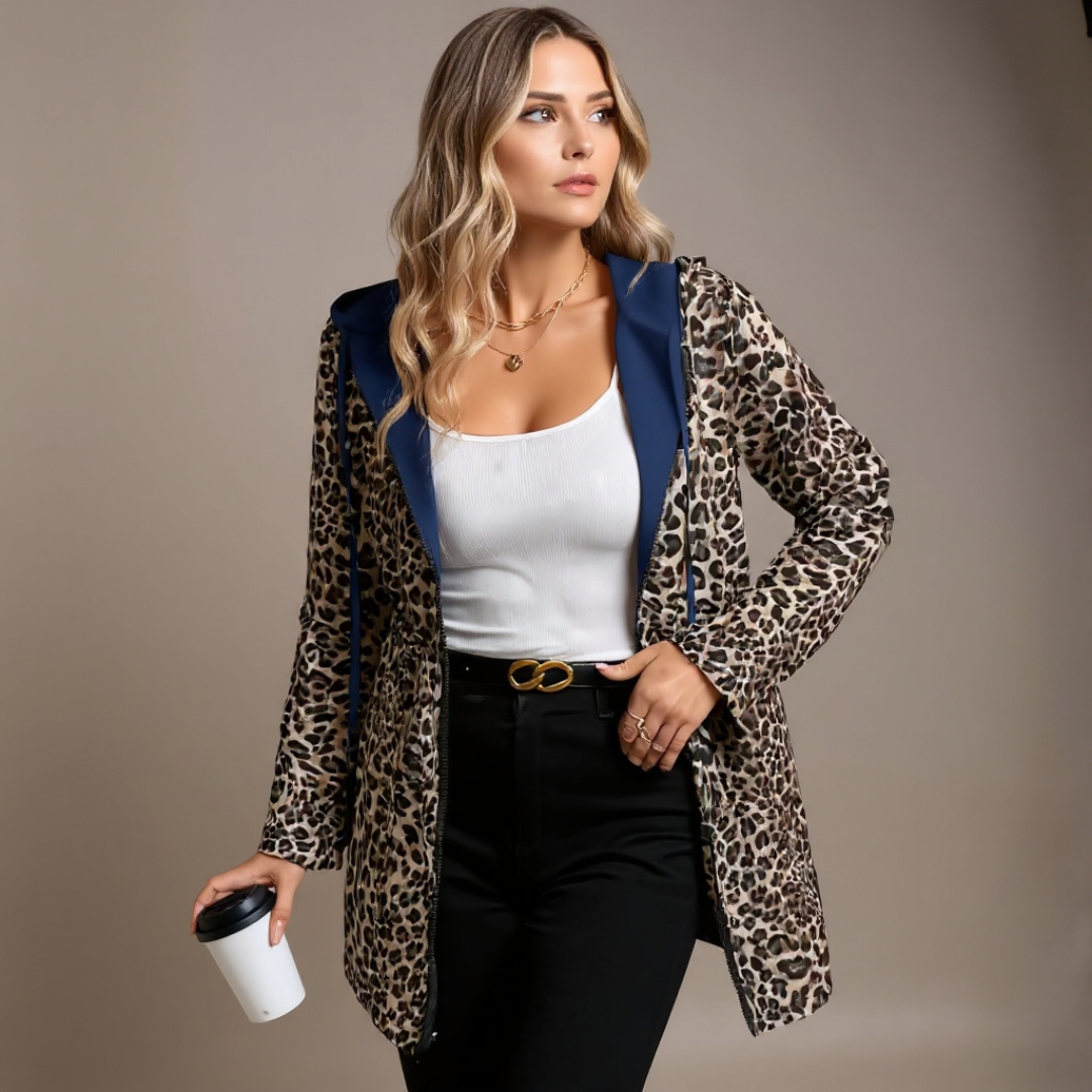 VICTORIA | Kabát s kapucí z dvojitého materiálu s leopardím vzorem